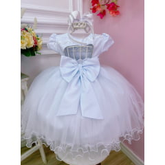 Vestido Infantil Branco C/ Aplique de Flores Renda Pérolas