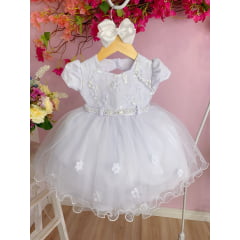 Vestido Infantil Branco C/ Aplique de Flores Renda Pérolas