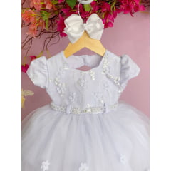 Vestido Infantil Branco C/ Aplique de Flores Renda Pérolas