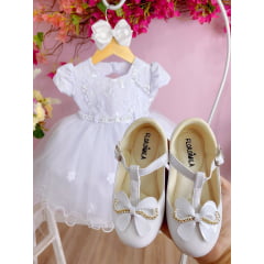 Vestido Infantil Branco C/ Aplique de Flores Renda Pérolas
