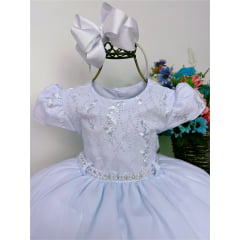 Vestido Infantil Branco C/ Renda Peito Com Strass e Pérolas