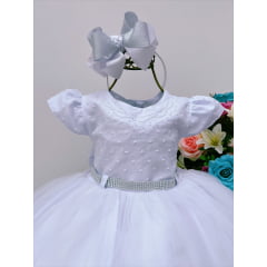 Vestido Infantil Branco Florido C/ Cinto Strass Luxo Festa