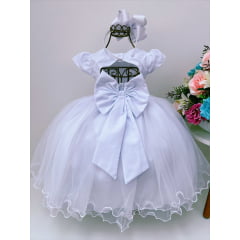 Vestido Infantil Branco Florido C/ Cinto Strass Luxo Festa