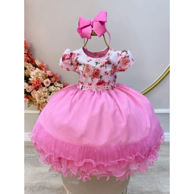 Vestido Infantil Branco Florido Strass e Saia Rosa Luxo