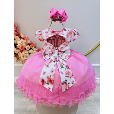 Vestido Infantil Branco Florido Strass e Saia Rosa Luxo