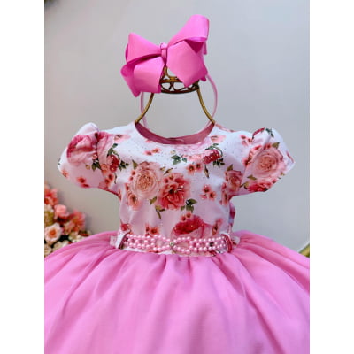 Vestido Infantil Branco Florido Strass e Saia Rosa Luxo