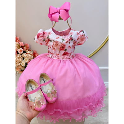 Vestido Infantil Branco Florido Strass e Saia Rosa Luxo