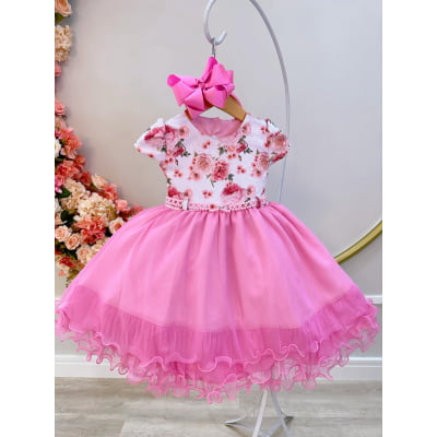 Vestido Infantil Branco Florido Strass e Saia Rosa Luxo
