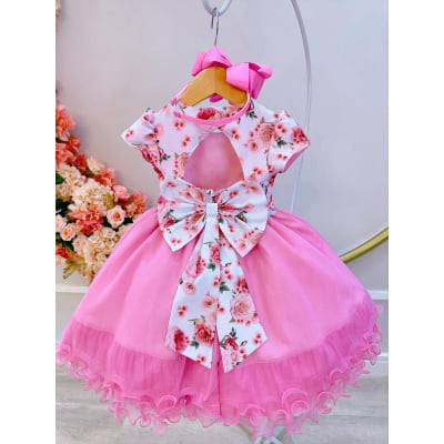 Vestido Infantil Branco Florido Strass e Saia Rosa Luxo