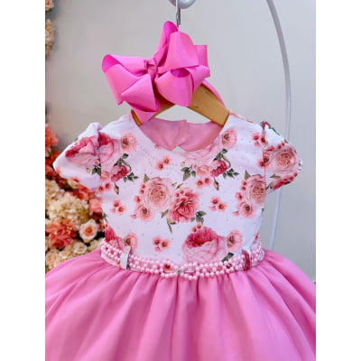 Vestido Infantil Branco Florido Strass e Saia Rosa Luxo