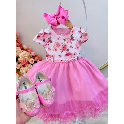 Vestido Infantil Branco Florido Strass e Saia Rosa Luxo