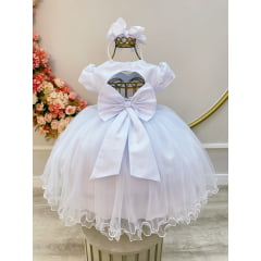 Vestido Infantil Branco Luxo C/ Renda e Strass Daminhas