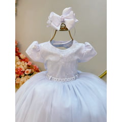 Vestido Infantil Branco Luxo C/ Renda e Strass Daminhas