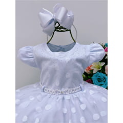 Vestido Infantil Branco Busto Com Strass e Pérolas Bolinhas