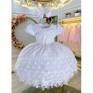 Vestido Infantil Branco Busto Com Strass e Pérolas Bolinhas