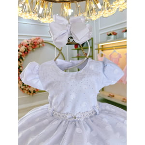 Vestido Infantil Branco Busto Com Strass e Pérolas Bolinhas