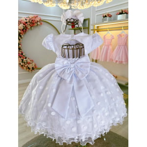 Vestido Infantil Branco Busto Com Strass e Pérolas Bolinhas