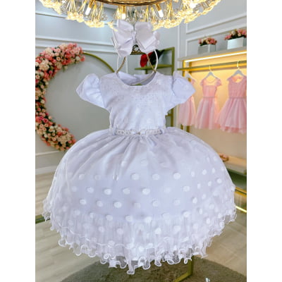 Vestido Infantil Branco Busto Com Strass e Pérolas Bolinhas