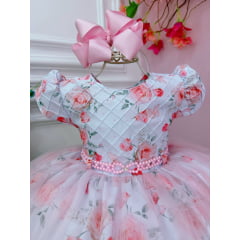 Vestido Infantil Branco Peito Nervura e Florido de Rosas