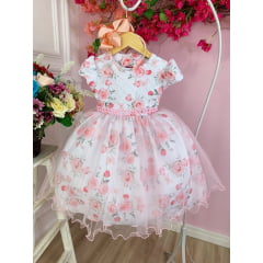 Vestido Infantil Branco Peito Nervura e Florido de Rosas