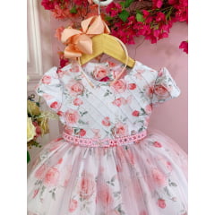 Vestido Infantil Branco Peito Nervura e Florido de Rosas