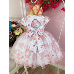 Vestido Infantil Branco Peito Nervura e Florido de Rosas