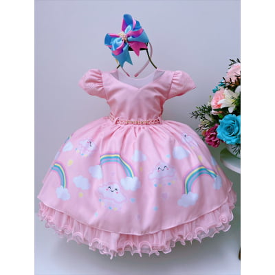 Vestido Infantil Chuva de Amor e de Bençãos Rosa Luxo Festas