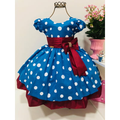 Vestido Infantil Galinha Pintadinha Azul Bolas Brancas