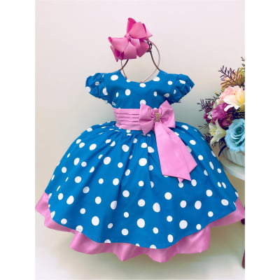 Vestido Infantil Galinha Pintadinha Azul Bolas Brancas Rosa