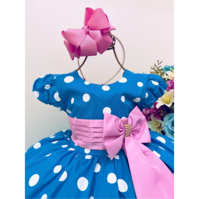 Vestido Infantil Galinha Pintadinha Azul Bolas Brancas Rosa