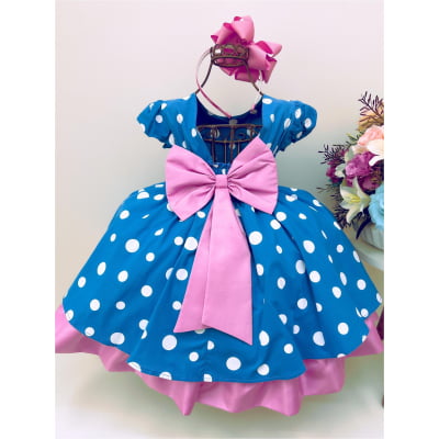Vestido Infantil Galinha Pintadinha Azul Bolas Brancas Rosa