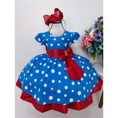 Vestido Infantil Galinha Pintadinha Azul C/ Bolas Brancas