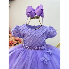 Vestido Infantil Lilás Busto Nervura C/ Apliques Daminha