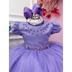 Vestido Infantil Lilás Com Strass e Pérolas no Peito Luxo