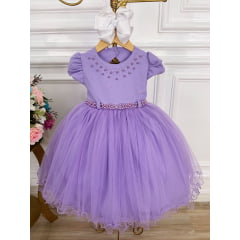 Vestido Infantil Lilás Com Strass e Pérolas no Peito Luxo
