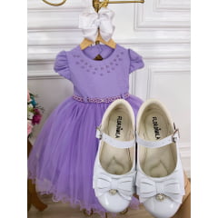 Vestido Infantil Lilás Com Strass e Pérolas no Peito Luxo