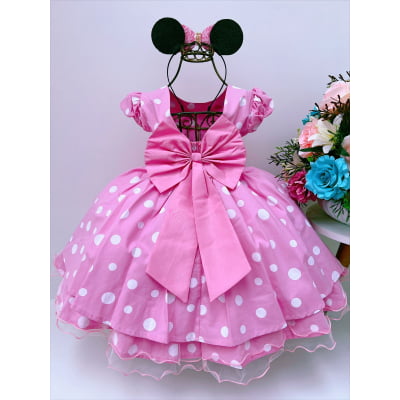 Vestido Infantil Minnie Rosa Bolas Brancas Luxo Princesas