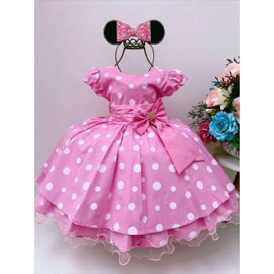Vestido Infantil Minnie Rosa Bolas Brancas Luxo Princesas