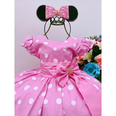 Vestido Infantil Minnie Rosa Bolas Brancas Luxo Princesas