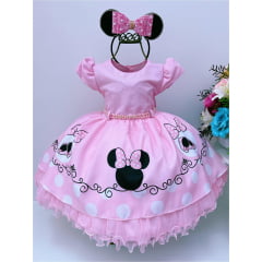 Vestido Infantil Minnie Rosa Bolinhas e Cinto de Pérolas