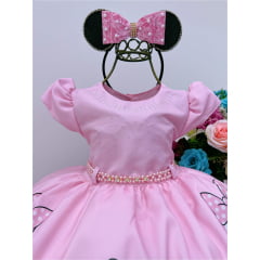 Vestido Infantil Minnie Rosa Bolinhas e Cinto de Pérolas