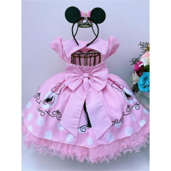Vestido Infantil Minnie Rosa Bolinhas e Cinto de Pérolas
