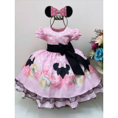 Vestido Infantil Minnie Rosa Busto Floral Saia Bolinhas