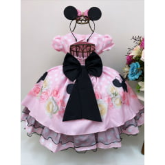 Vestido Infantil Minnie Rosa Busto Floral Saia Bolinhas