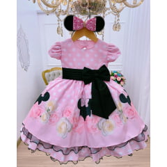 Vestido Infantil Minnie Rosa Busto Floral Saia Bolinhas