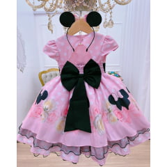 Vestido Infantil Minnie Rosa Busto Floral Saia Bolinhas