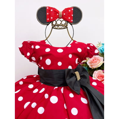 Vestido Infantil Minnie Vermelho Bolas Brancas e Cinto Preto