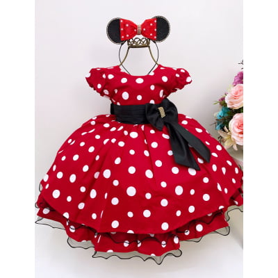 Vestido Infantil Minnie Vermelho Bolas Brancas e Cinto Preto