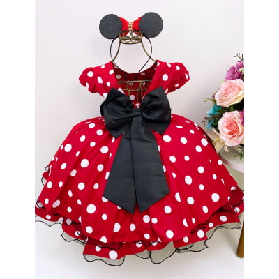 Vestido Infantil Minnie Vermelho Bolas Brancas e Cinto Preto