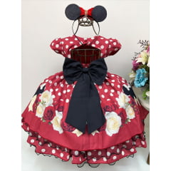 Vestido Infantil Minnie Vermelho Busto Floral Saia Bolinhas